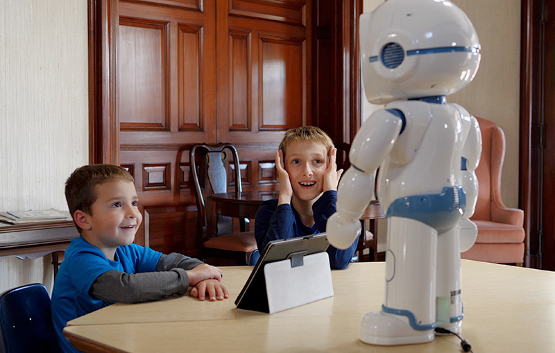 The QT robot from MOVIA Robotics is a charming tabletop friend with a friendly face. It can present animated expressions and simple movements that engage and educate children.