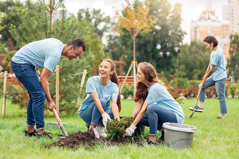 Young volunteers outdoors planting trees in the community