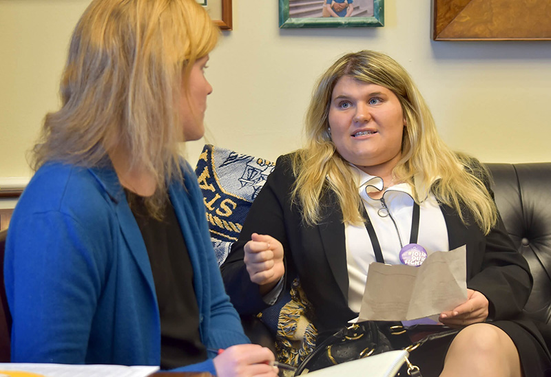 Danielle Levine makes her case for employment opportunities for people with intellectual and developmental disabilities during a visit with an aide for U.S. Rep. Carolyn Maloney.