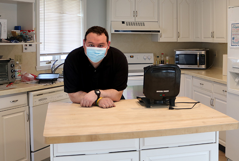 Pat in the kitchen with his George Forman Grill