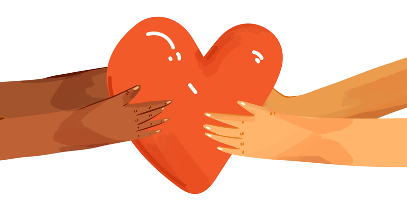 Diverse hands giving heart, and hands taking heart as a sign of connection and unity.